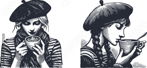 Vintage Woodcut of French Woman in Beret Enjoying Coffee – Rustic Engraving Design for Parisian Café Decor, Retro European Art, Bistro Style Wall Art