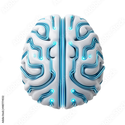 Obraz na płótnie Futuristic artificial intelligence brain with blue neon lines isolated on white background w salonie