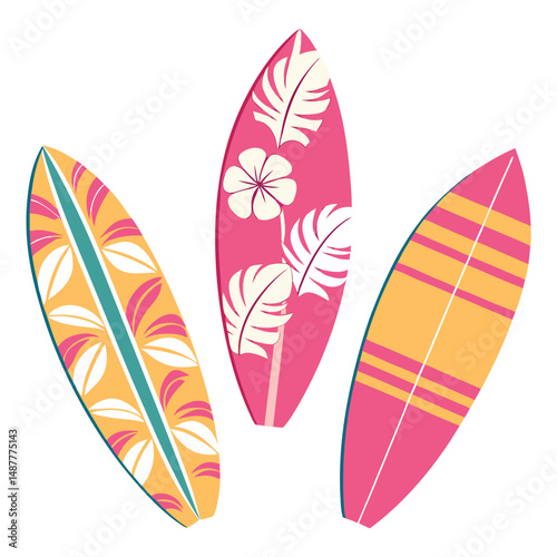 Colorful Surfboard Collection with Botanical and Geometric Summer Designs in Flat Style
