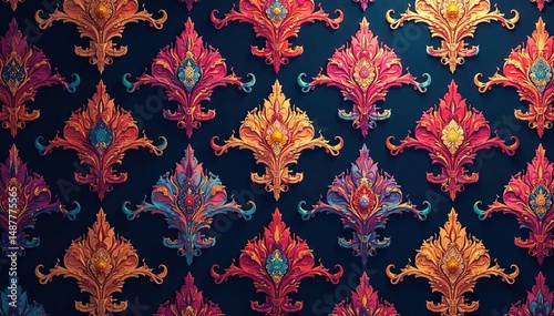 Bold, swirling damask pattern with rich color contrast , repeat, classic, seamless