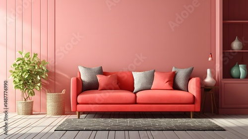 Modern Coral Sofa in Stylish Pink Living Room Interior with Decorative Cushions and Indoor Plant
