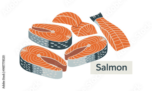Modern vector illustration of various salmon fish cuts , easily scalable and editable.