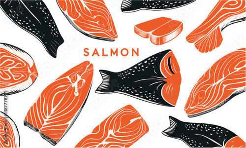 Modern vector illustration of various salmon fish cuts , easily scalable and editable.