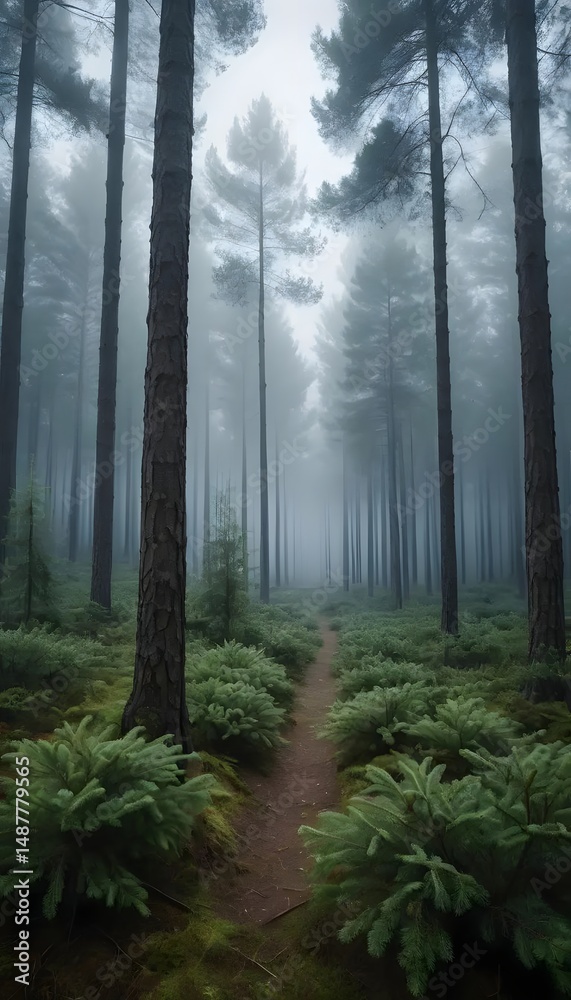 Fototapeta premium Misty morning light filters through the green forest trees, creating a foggy woodland landscape