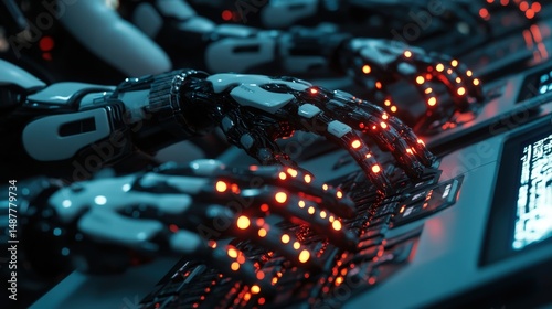A group of AI rebels hacking into a government mainframe, their glowing robotic fingers typing at inhuman speed