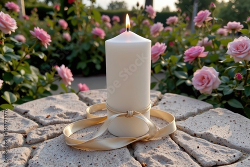 White candle wrapped with ribbon on stone surface surrounded by roses  