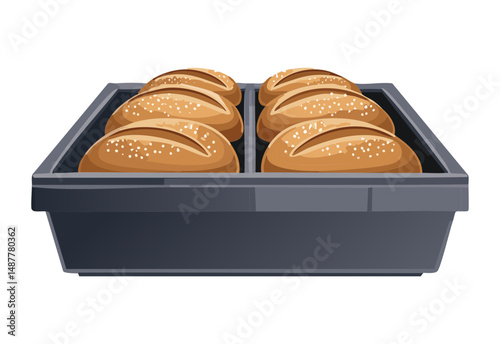 Freshly Baked Bread in Black Tray - Vector Illustration