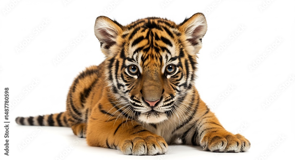 Obraz premium Adorable tiger cub rests peacefully against a stark white background bathed in soft even light. AI Generated