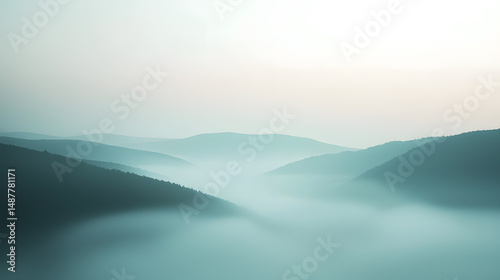 Captivating misty landscape mountain range photography foggy environment aerial view pastel mint tones