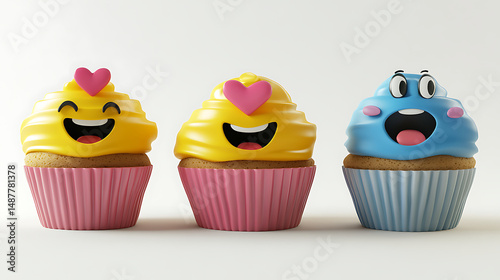 Three colorful, cartoonish cupcakes with smiling faces and cheerful expressions on a white background