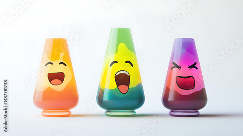 Colorful animated liquid-filled bottles with expressive faces, showcasing joy and excitement in a minimalist setting