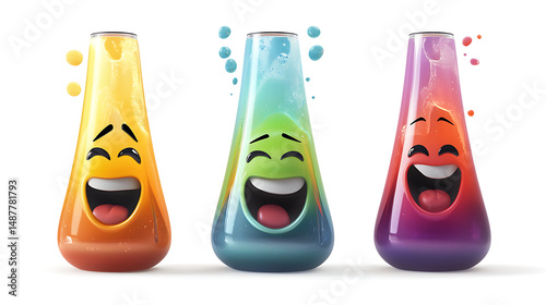 Colorful cartoon laboratory flasks with smiling faces, showcasing vibrant liquids and playful expressions