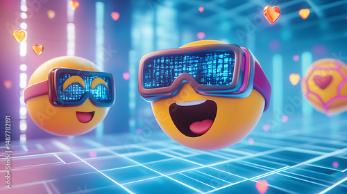 Colorful smiling emoji characters wearing virtual reality goggles in a futuristic digital landscape