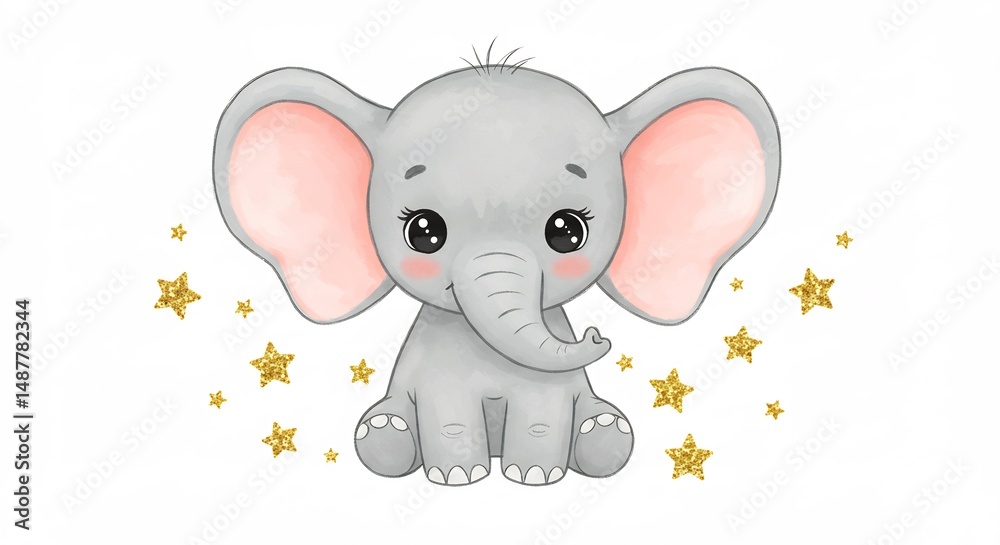 Fototapeta premium Adorable baby elephant playfully sits amidst golden stars soft watercolor illustration. AI Generated