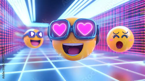 Colorful 3D emoji characters with heart-shaped glasses and expressive faces in a vibrant digital hallway