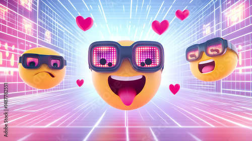 Colorful animated emojis with glasses expressing various emotions against a vibrant digital background