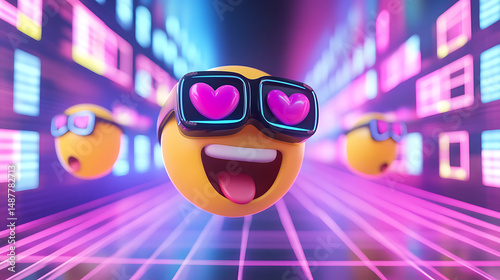 Vibrant 3D emoticons with heart-shaped glasses in a colorful digital landscape, expressing joy