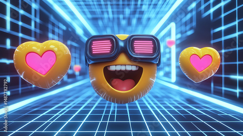 Vibrant emoji with sunglasses smiles joyfully, surrounded by floating hearts in a futuristic digital tunnel