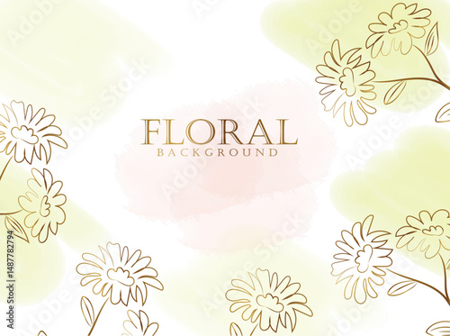 Elegant Gold Line Art Flowers on Watercolor Background