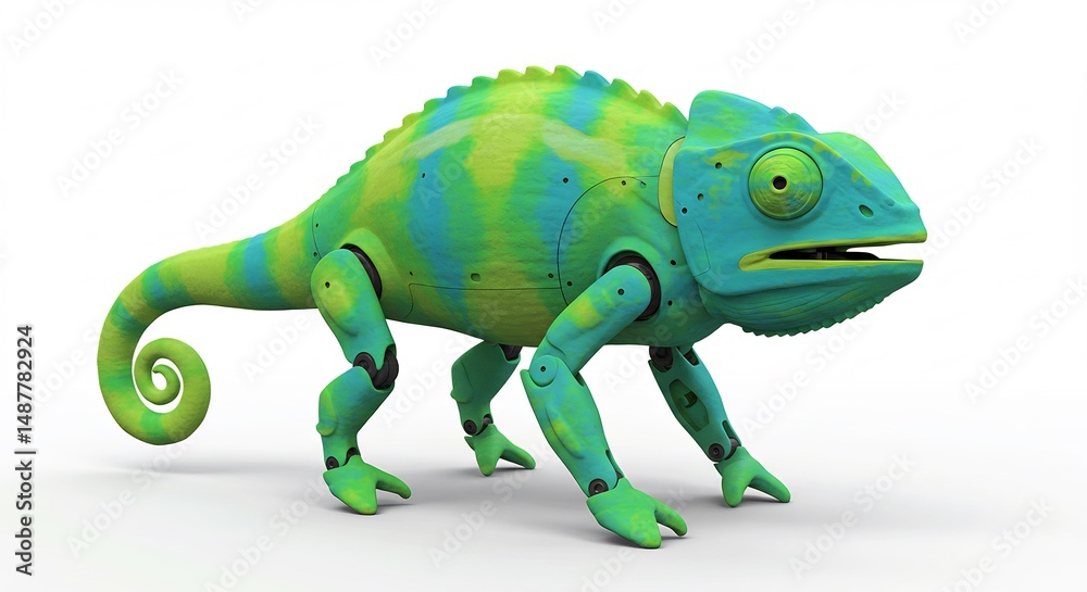 Obraz premium Vibrant robotic chameleon strides forward brightly lit against pure white background. AI Generated