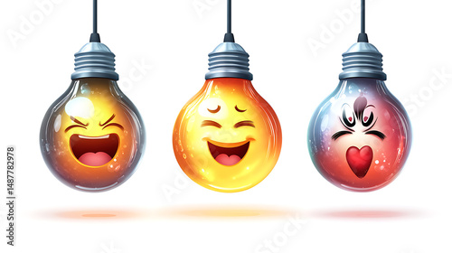 Colorful light bulbs with expressive faces hanging against a white background, showcasing emotions