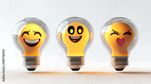 Three light bulbs with expressive emoji faces showcasing happiness, joy, and love against a clean background