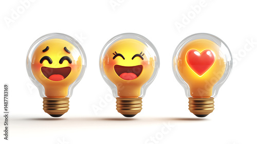Three light bulbs with cheerful and heartwarming emoji faces, radiating positivity and joy