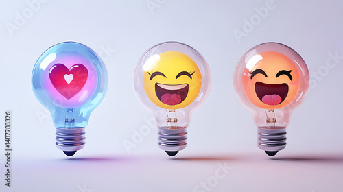 Colorful light bulbs with emotive expressions, glowing in a soft background, representing joy and warmth