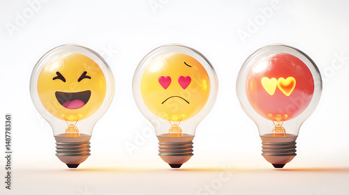 Three light bulbs with emoticons representing joy, sadness, and love, against a soft white background