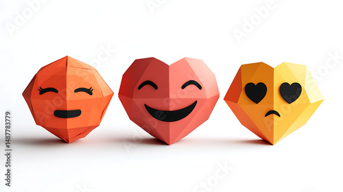 Colorful origami heart and smiley face decorations on a clean white background, showcasing emotions