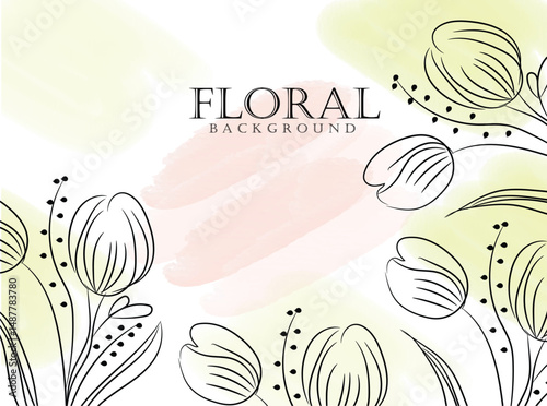 Elegant Floral Background with Line Art Tulips and Watercolor Wash