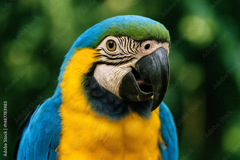 Fototapeta premium Colorful Blue-and-Yellow Macaw Parrot – A Symbol of Biodiversity and Environmental Conservation