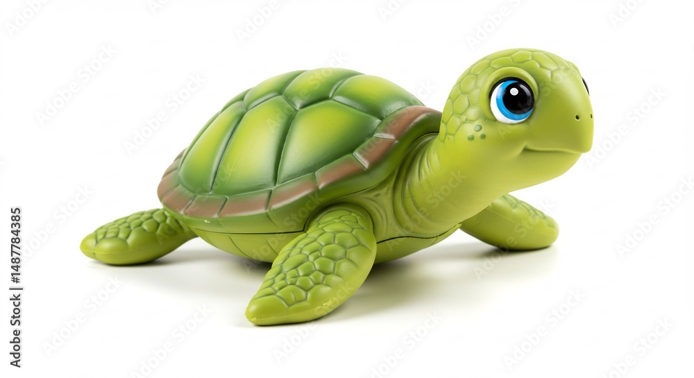 Fototapeta premium Adorable baby sea turtle toy playfully poses against bright white background. AI Generated