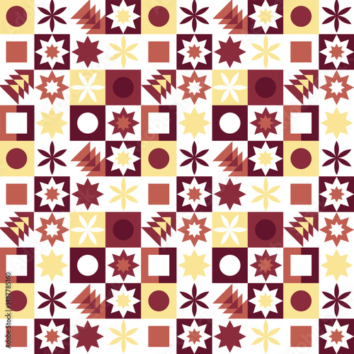 Festive starburst and floral pattern in burgundy, cream, and yellow tones, forming a vibrant quilt-inspired abstract composition.