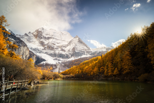 Snow capped mountain, autumn forest, clear lake, wooden walkway, and sunlight create peaceful landscape with vibrant colors and natural beauty in this scenic outdoor view