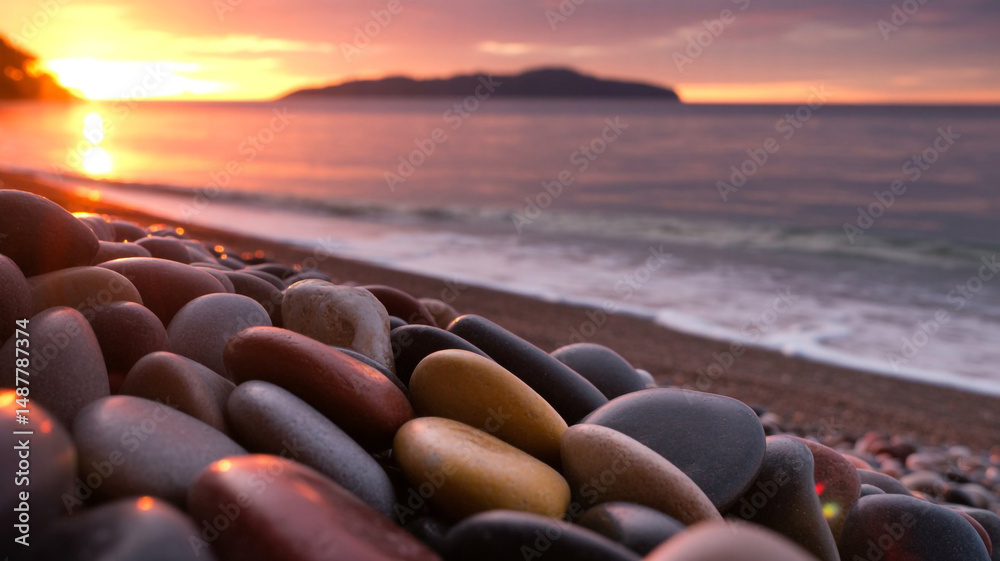 Obraz premium Sunrise Beach Stones Ocean Pebble Seashore Sunset