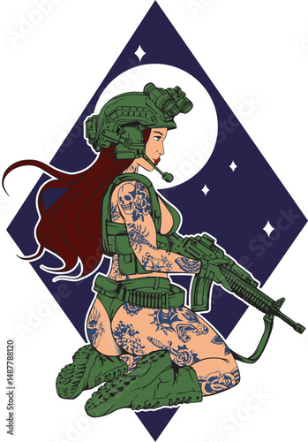 Military girl, pin up illustration, hottie with machine gun. Girl in military helmet, print on t-shirt, girl with tattoos