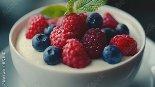 Juicy berries nestled into panna cotta, slight wobble captured in soft lighting