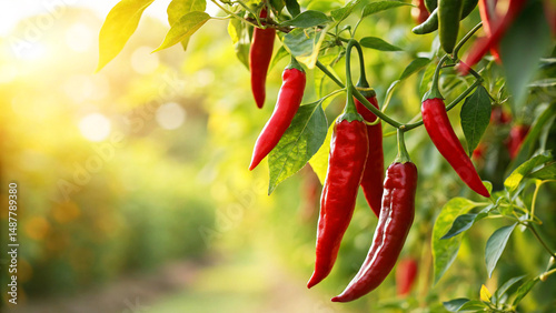 Red Chilies in field, Red Chilies growing in field sunny day in natural Background