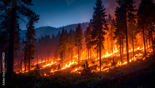 Wildfires are spreading heavily in dry grass areas on the foothills of pine forests where fuel is dry leaves.