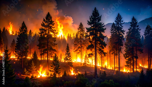 Wildfires are spreading heavily in dry grass areas on the foothills of pine forests where fuel is dry leaves.