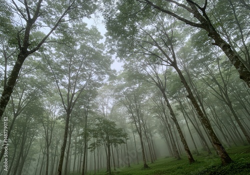 Enchanted Forest Mist Tall Trees Embrace Morning Fog,Creating ASerenely Mysterious Atmosphere photo