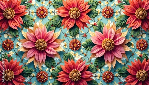 Intricate floral textile design, repeating motif, abstract, elegant, botany