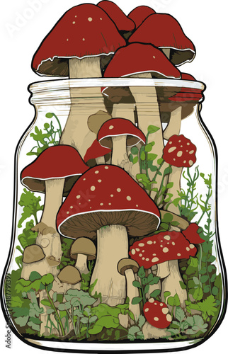 red mushroom in a jar fairytales theme vector illustration