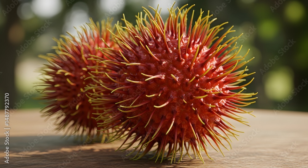 Close-up of exotic rambutan fruit with spiky shell Close-up of exotic rambutan fruit with spiky shell