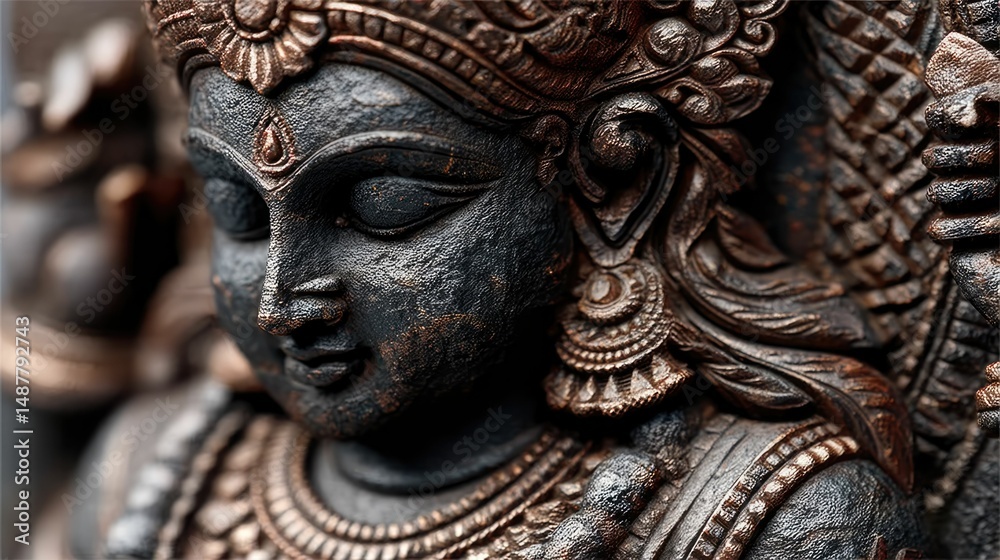 Fototapeta premium Cultural significance of goddess lakshmi sculpture textured art in an indian temple's spiritual space