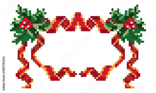 A white background with a red ribbon adorned with green leaves and red berries. The ribbon is wrapped around the background, creating a festive and cheerful atmosphere