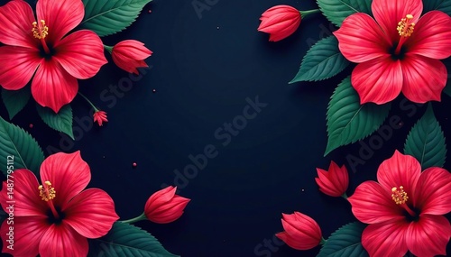 Bold, stylized hibiscus blooms in vibrant color repeat across a dark backdrop , wallpaper, background texture, hibiscus