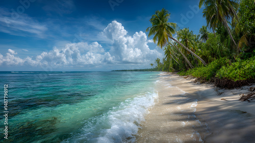 Turquoise water meets the sandy shore of a tropical island paradise fringed with swaying palm trees under a summer sky photo