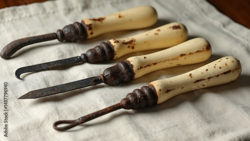 close-up of ancient surgical tools laid on linen cloth, rusted iron blades with bone handles, detailed textures, neutral soft background, historical medical instruments, worn and aged appearance, natu